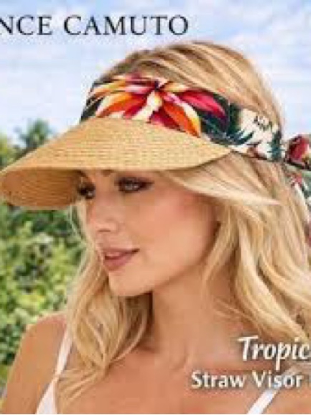 Vince Camuto Natural Straw Visor Hat with Multicolor Floral Tie